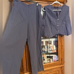 Essentials Slate Blue Two-Piece Pantsuit with Buttoned Vest